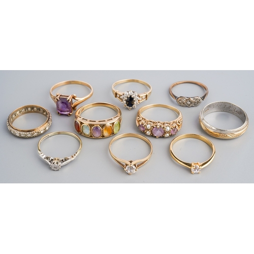 21 - A group of 9ct yellow gold and gem-set rings, including amethyst and pearl, size O1/2; amethyst, siz... 