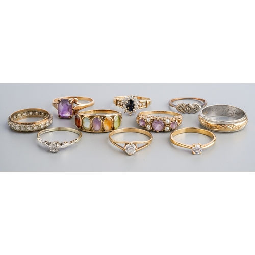 21 - A group of 9ct yellow gold and gem-set rings, including amethyst and pearl, size O1/2; amethyst, siz... 