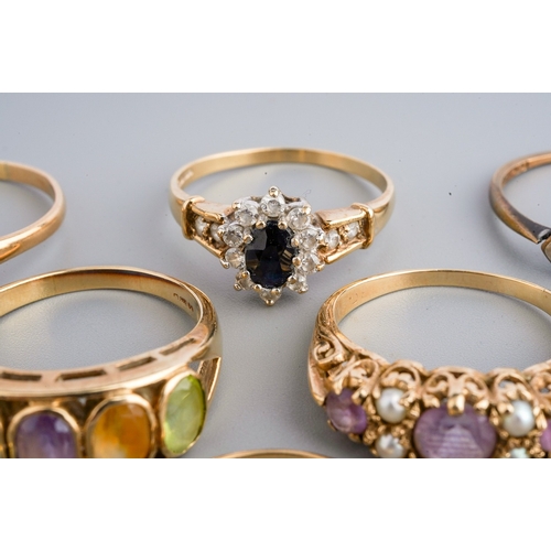 21 - A group of 9ct yellow gold and gem-set rings, including amethyst and pearl, size O1/2; amethyst, siz... 