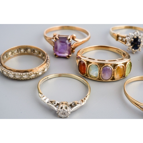 21 - A group of 9ct yellow gold and gem-set rings, including amethyst and pearl, size O1/2; amethyst, siz... 