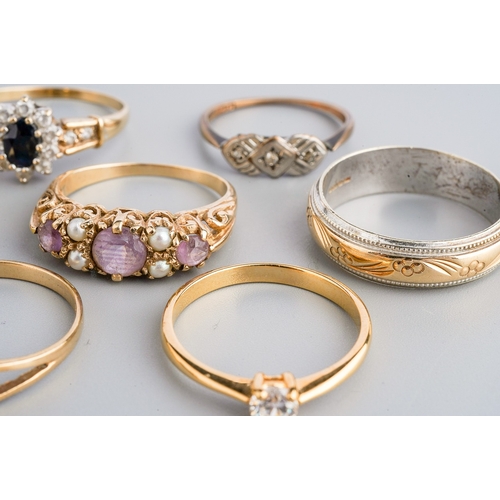 21 - A group of 9ct yellow gold and gem-set rings, including amethyst and pearl, size O1/2; amethyst, siz... 