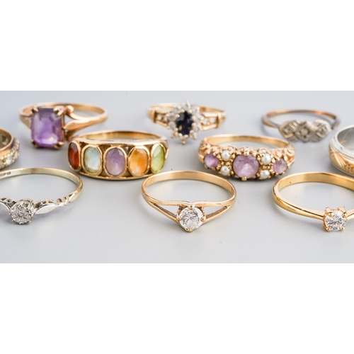 21 - A group of 9ct yellow gold and gem-set rings, including amethyst and pearl, size O1/2; amethyst, siz... 