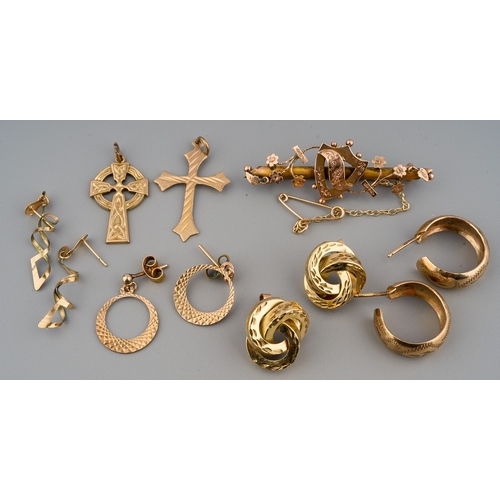 24 - A collection of 9ct gold, including earrings, pendants, brooch, total gross weight approx 9.5g; toge... 