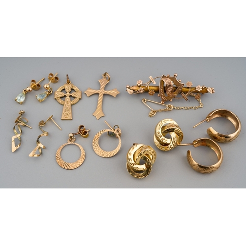 24 - A collection of 9ct gold, including earrings, pendants, brooch, total gross weight approx 9.5g; toge... 