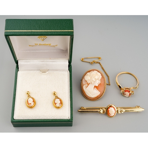 26 - A 9ct yellow gold and cameo brooch, approx 6.3g gross; a pair of cameo earrings on 9ct posts, 1.2g g... 