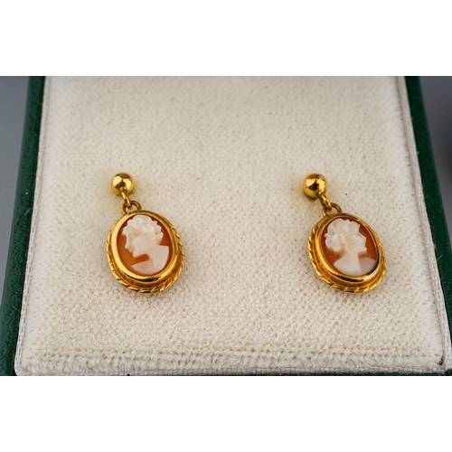 26 - A 9ct yellow gold and cameo brooch, approx 6.3g gross; a pair of cameo earrings on 9ct posts, 1.2g g... 