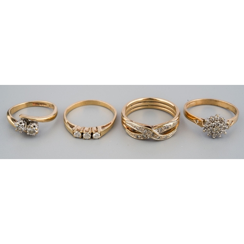 30 - Four 9ct yellow gold and diamond rings, including a two-stone size E; a three-stone size K; a cluste... 