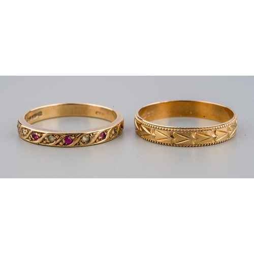 34 - A 9ct yellow gold ruby and white sapphire half eternity ring, size O; and a 9ct yellow gold band, si... 