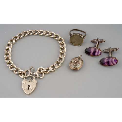 37 - A group of silver jewellery, including Blue John cufflinks; curb-link bracelet, ring, locket, total ... 