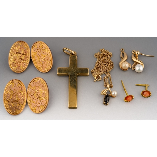 39 - A pair of 9ct gold cufflinks (12.8g), 9ct gold cross pendant (5.5g), pair of earrings, pendant neckl... 