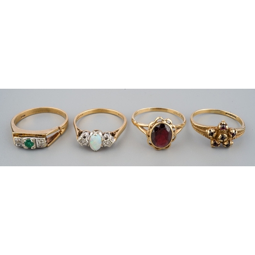 41 - Four 9ct yellow gold gem-set rings, including emerald and diamond (split to shank); opal and diamond... 