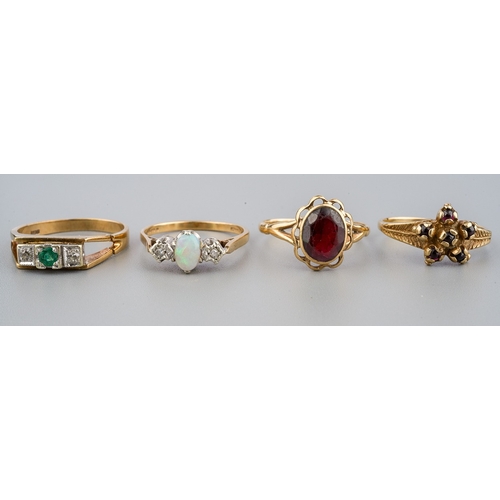 41 - Four 9ct yellow gold gem-set rings, including emerald and diamond (split to shank); opal and diamond... 