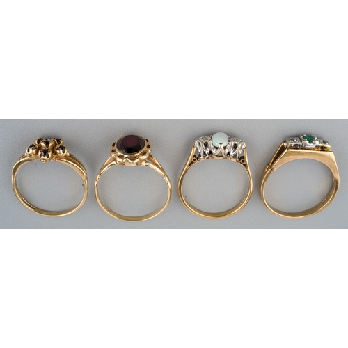 41 - Four 9ct yellow gold gem-set rings, including emerald and diamond (split to shank); opal and diamond... 