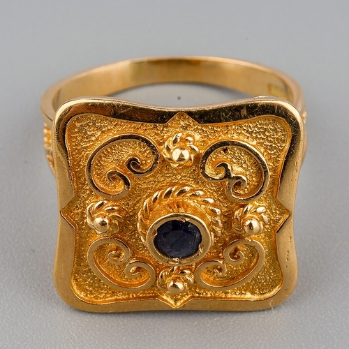 42 - A yellow gold and sapphire square dress ring, size N, unmarked assessed as approx 18ct, gross weight... 