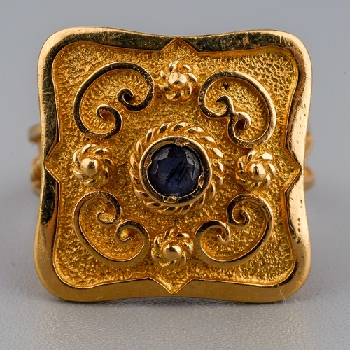 42 - A yellow gold and sapphire square dress ring, size N, unmarked assessed as approx 18ct, gross weight... 