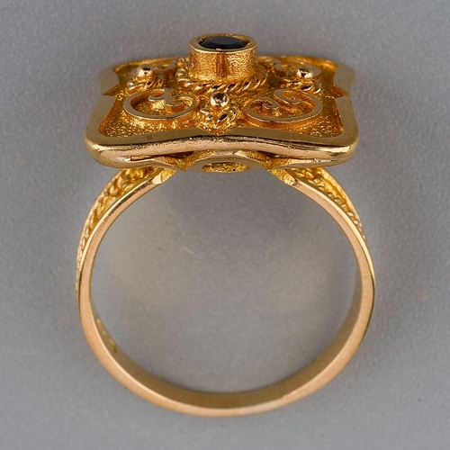 42 - A yellow gold and sapphire square dress ring, size N, unmarked assessed as approx 18ct, gross weight... 