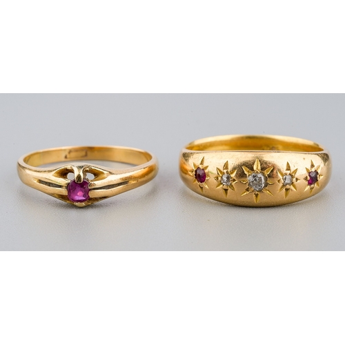 44 - An 18ct yellow gold diamond and ruby five-stone ring, size O, gross weight approx 5.5g; together wit... 