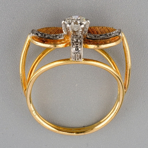 46 - A mid 20th century diamond dress ring, set with a round brilliant cut diamond, claw set to the textu... 