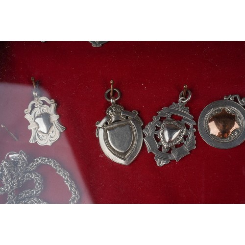 59 - A boxed silver and CZ line tennis bracelet; a silver charm bracelet and a framed collection of silve... 