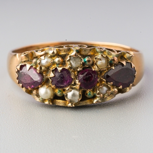 63 - A gem set ring, the Georgian from set with garnet, seed pearl and imitation pearl, to the later adde... 