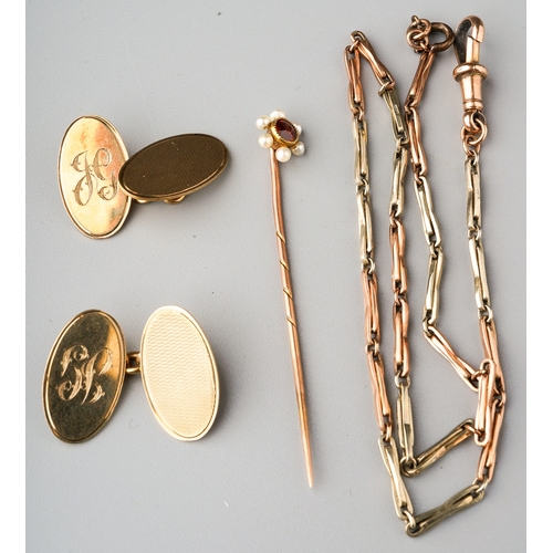 67 - Collection of gold items to include  a pair of 9 ct gold engine turned cufflinks, 9 ct 3 gold chain ... 