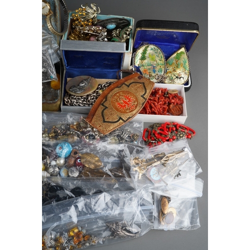 79 - Large collection of costume jewellery to include  silver chain, silver shell pendant, coral necklace... 