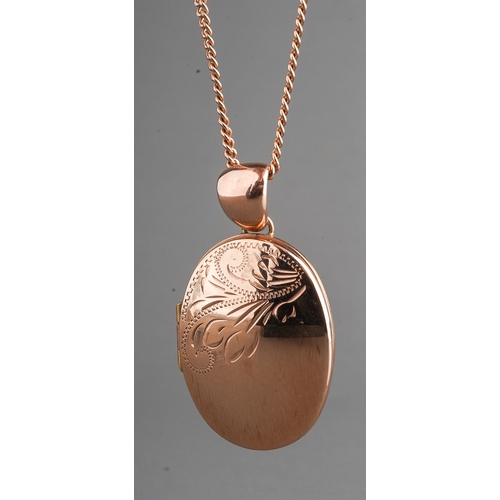 83 - 9ct rose gold chain and locket, etched front detail. Locket measures 31 mm x 23 mm. Gross weight 17.... 