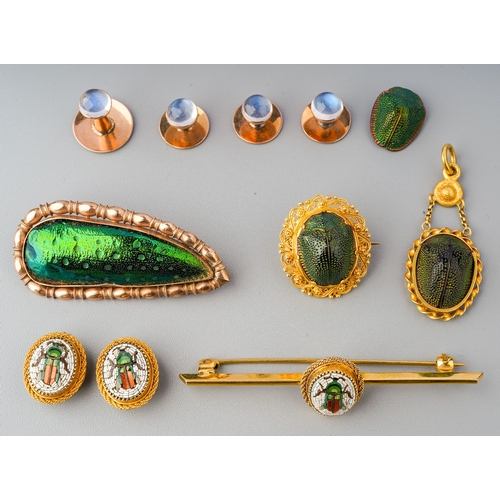 85 - A collection of antique jewellery to include Scarab beetles, micro mosaic and moonstone, the Scarab ... 