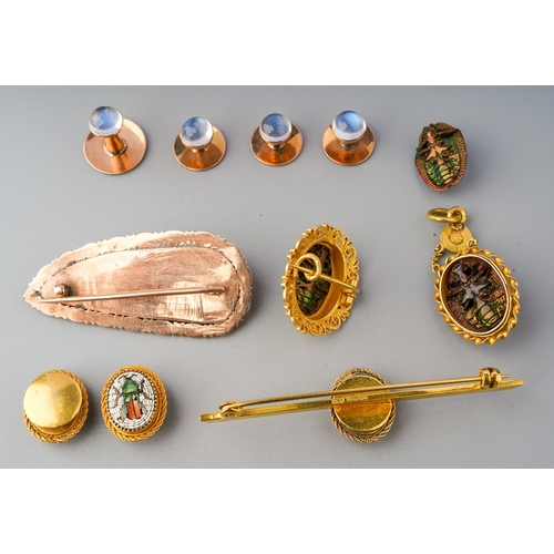 85 - A collection of antique jewellery to include Scarab beetles, micro mosaic and moonstone, the Scarab ... 