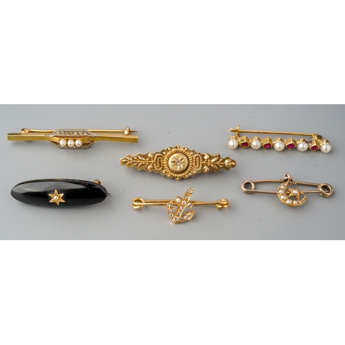 89 - Collection of Six bar brooches in yellow metal (one marked 15ct). Three set with seed pearls and a m... 