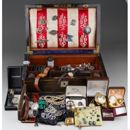 92 - Coromandel box of costume, silver, gilt metal & watches together with a set of silver teaspoons, sil... 