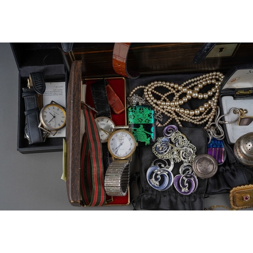 92 - Coromandel box of costume, silver, gilt metal & watches together with a set of silver teaspoons, sil... 