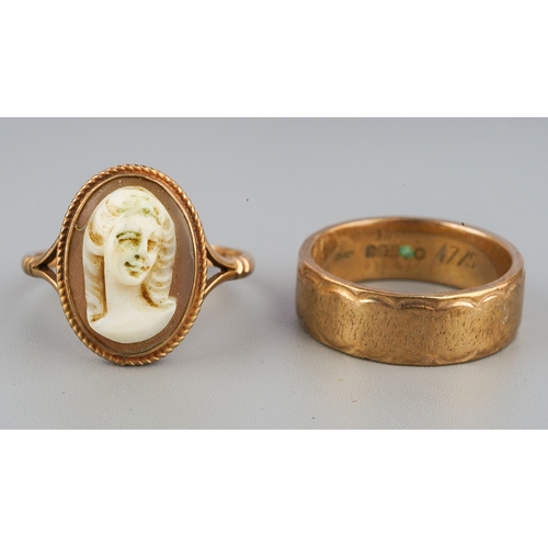 103 - 9ct gold wedding band and a 9 ct gold cameo set ring, gross weight 7g.