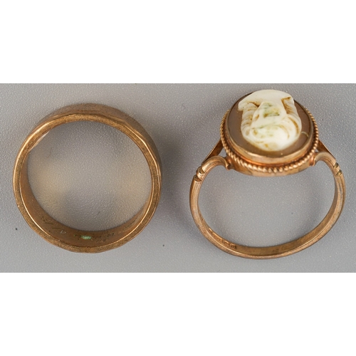 103 - 9ct gold wedding band and a 9 ct gold cameo set ring, gross weight 7g.