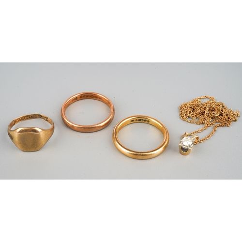 104 - Two 9 ct gold wedding bands, further 9 ct gold ring and a 9 ct gold chain. Gross weight 7.1g