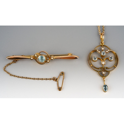 115 - 9ct gold pendant and brooch set with aquamarine and seed pearls and a plated chain. Gross weight wit... 