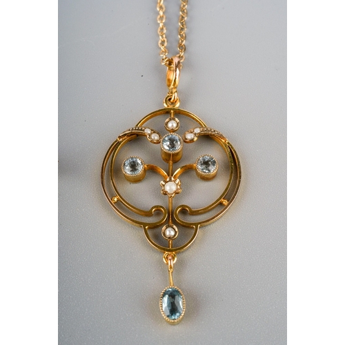 115 - 9ct gold pendant and brooch set with aquamarine and seed pearls and a plated chain. Gross weight wit... 