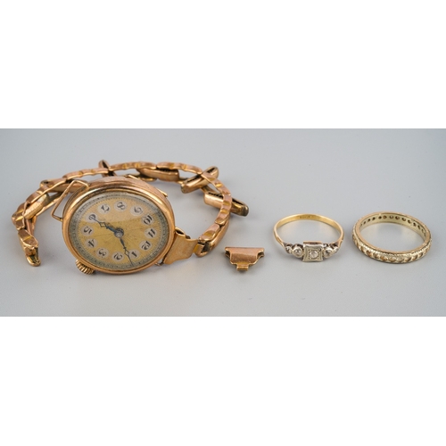 117 - 9ct gold ladies watch, 18 ct art deco ladies ring (1.4g) and 9 ct gold eternity ring (2g)