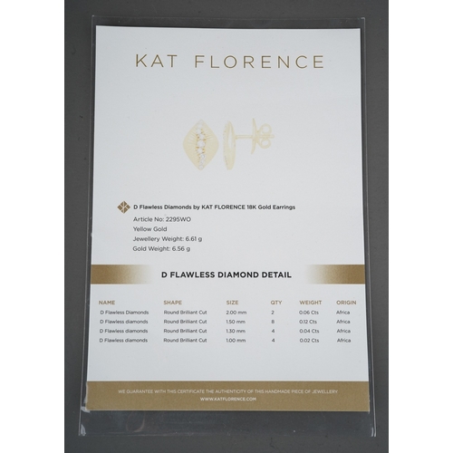 126 - A pair of Kat Florence 18 ct gold earrings set with 18 round brilliant cut D flawless diamonds. Come... 