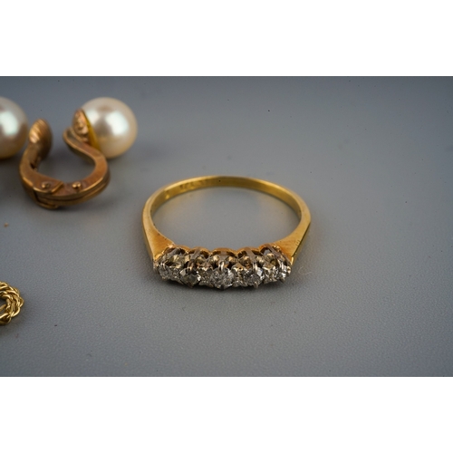 140 - Collection of gold jewellery to include 9 ct 5 stone ring, 2 9 ct clip on earrings and 9 ct gold cha... 