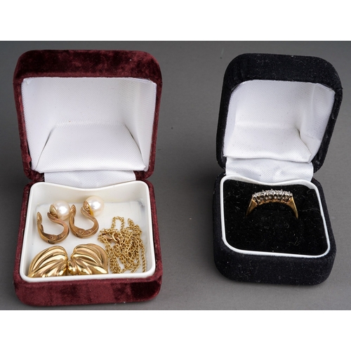 140 - Collection of gold jewellery to include 9 ct 5 stone ring, 2 9 ct clip on earrings and 9 ct gold cha... 