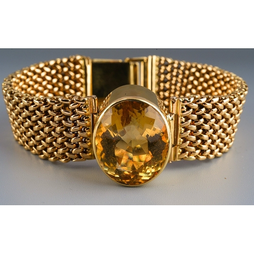 147 - Yellow metal bracelet set with large citrine to centre. Unmarked but tests high carat. Gross weight ... 