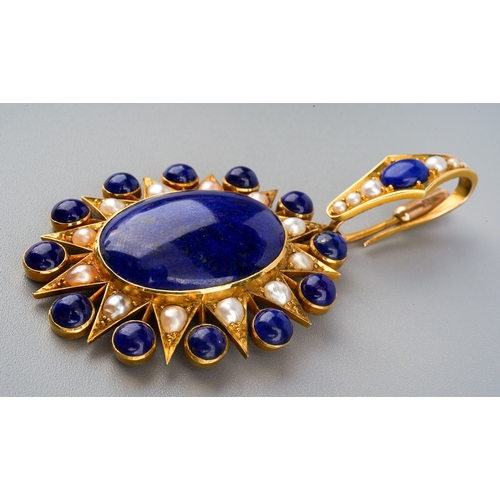 149 - A lapis lazuli and pearl pendant, late 19th century, designed as a cabochon of lapis lazuli within a... 