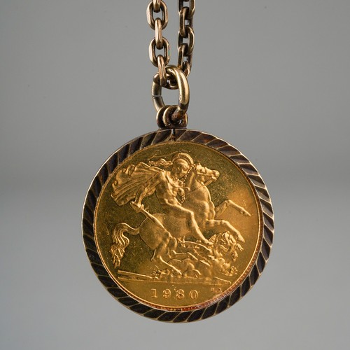 155 - 1980 half sovereign  in mounts on a chain