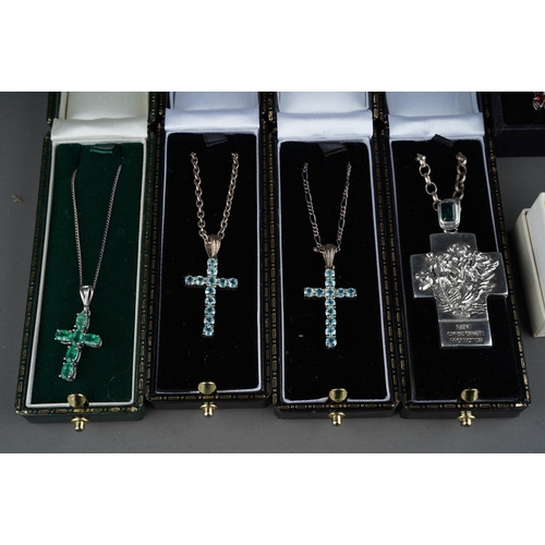 169 - Collection of silver gem set cross pendants, earrings and chains (Q)