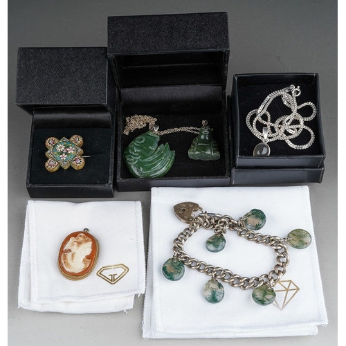 170 - Collection of agate and jade, cameo and mosaic jewellery to include silver chain with silver agate p... 