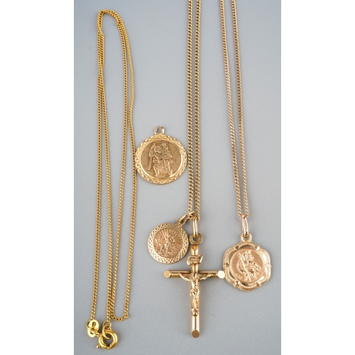 173 - Three fine 9ct gold chains and crucifix and three St Christophers pendants. Gross weight 11.5g