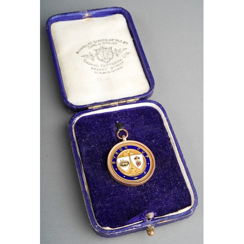 176 - Byron Cup runner up 1930  9 ct gold  and enamel medal by Thomas Fattorini Ltd Birmingham in original... 