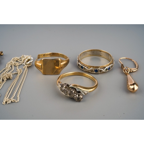 177 - Collection of gold items to include 9 ct gold 3 stone ring,  9 ct diamond and sapphire eternity ring... 