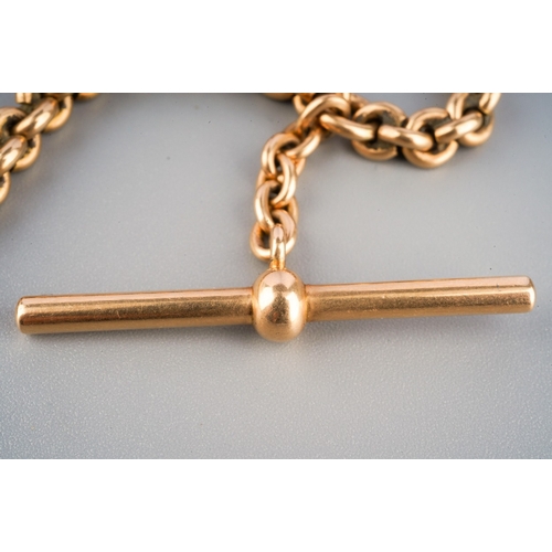 179 - Gold Albert chain with T bar, unmarked but tested as 14/15ct. Total length approx. 31 cm. Gross weig... 